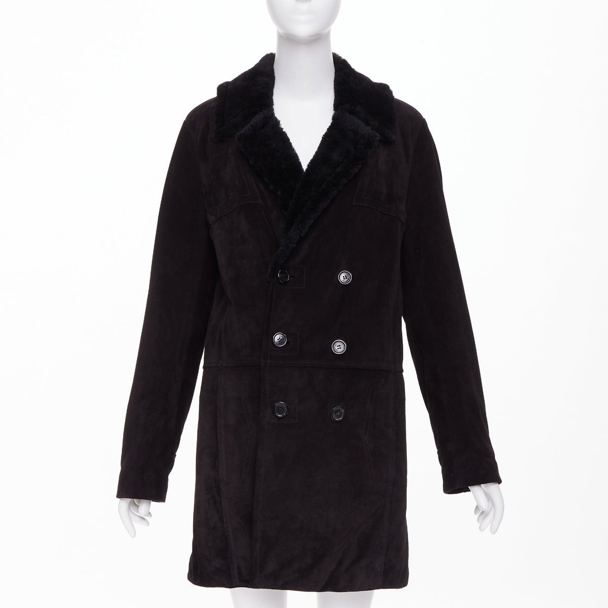 Saint Laurent Men's Saint Laurent leather shearling lined double breasted coat