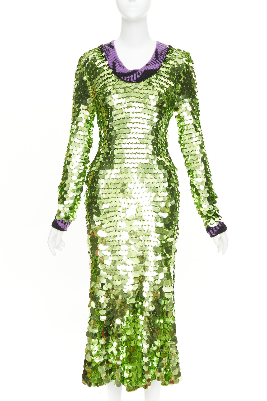 Prada Women's Prada green sequin paillettes purple jacquard trim dress