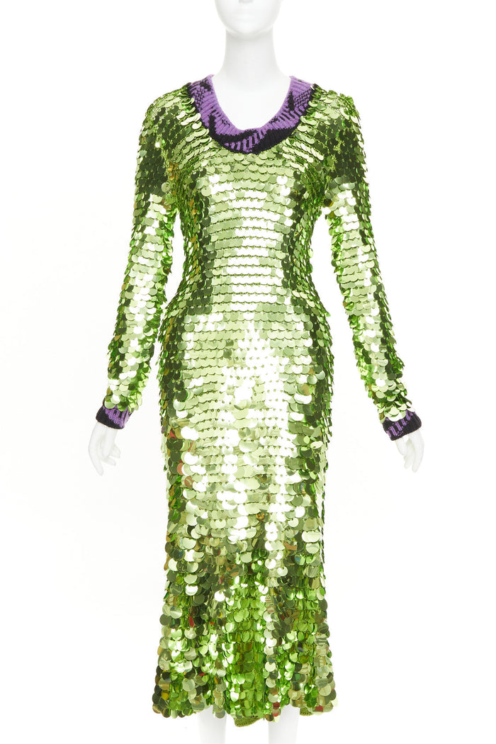 Prada Women's Prada green sequin paillettes purple jacquard trim dress