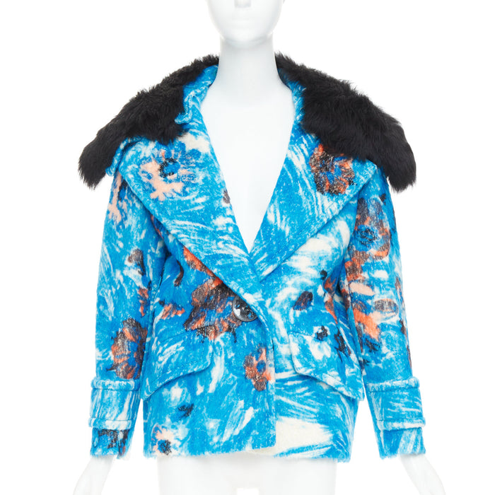 Prada Women's Prada blue alpaca wool abstract floral fur collar pea coat