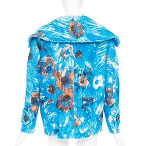 Prada Women's Prada blue alpaca wool abstract floral fur collar pea coat - view 10