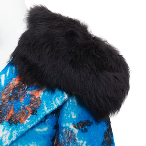 Prada Women's Prada blue alpaca wool abstract floral fur collar pea coat - view 2