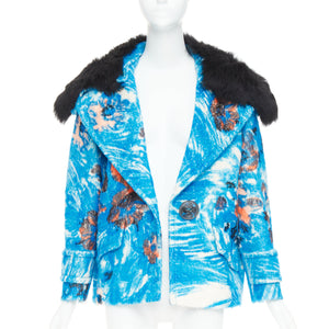 Prada Women's Prada blue alpaca wool abstract floral fur collar pea coat - view 3