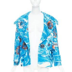 Prada Women's Prada blue alpaca wool abstract floral fur collar pea coat - view 4