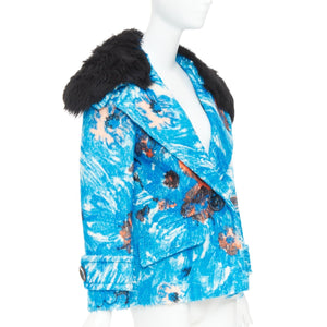 Prada Women's Prada blue alpaca wool abstract floral fur collar pea coat - view 5