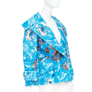Prada Women's Prada blue alpaca wool abstract floral fur collar pea coat - view 6