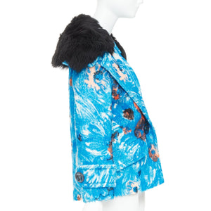 Prada Women's Prada blue alpaca wool abstract floral fur collar pea coat - view 7