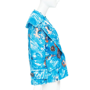 Prada Women's Prada blue alpaca wool abstract floral fur collar pea coat - view 8