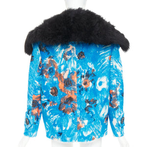 Prada Women's Prada blue alpaca wool abstract floral fur collar pea coat - view 9