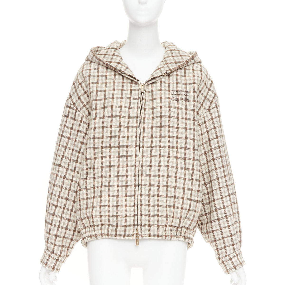 Miu Miu Women's Miu Miu cocoa brown check logo hooded blouson jacket