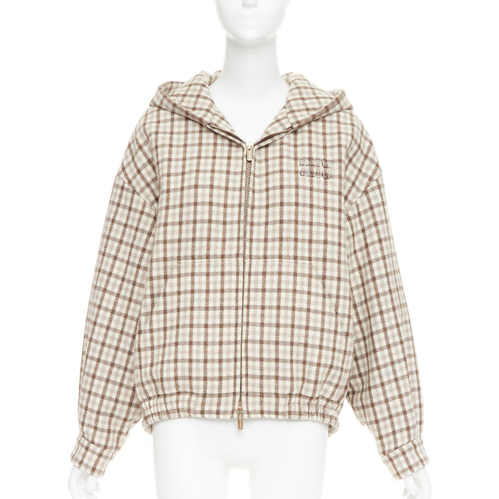 Miu Miu Women's Miu Miu cocoa brown check logo hooded blouson jacket