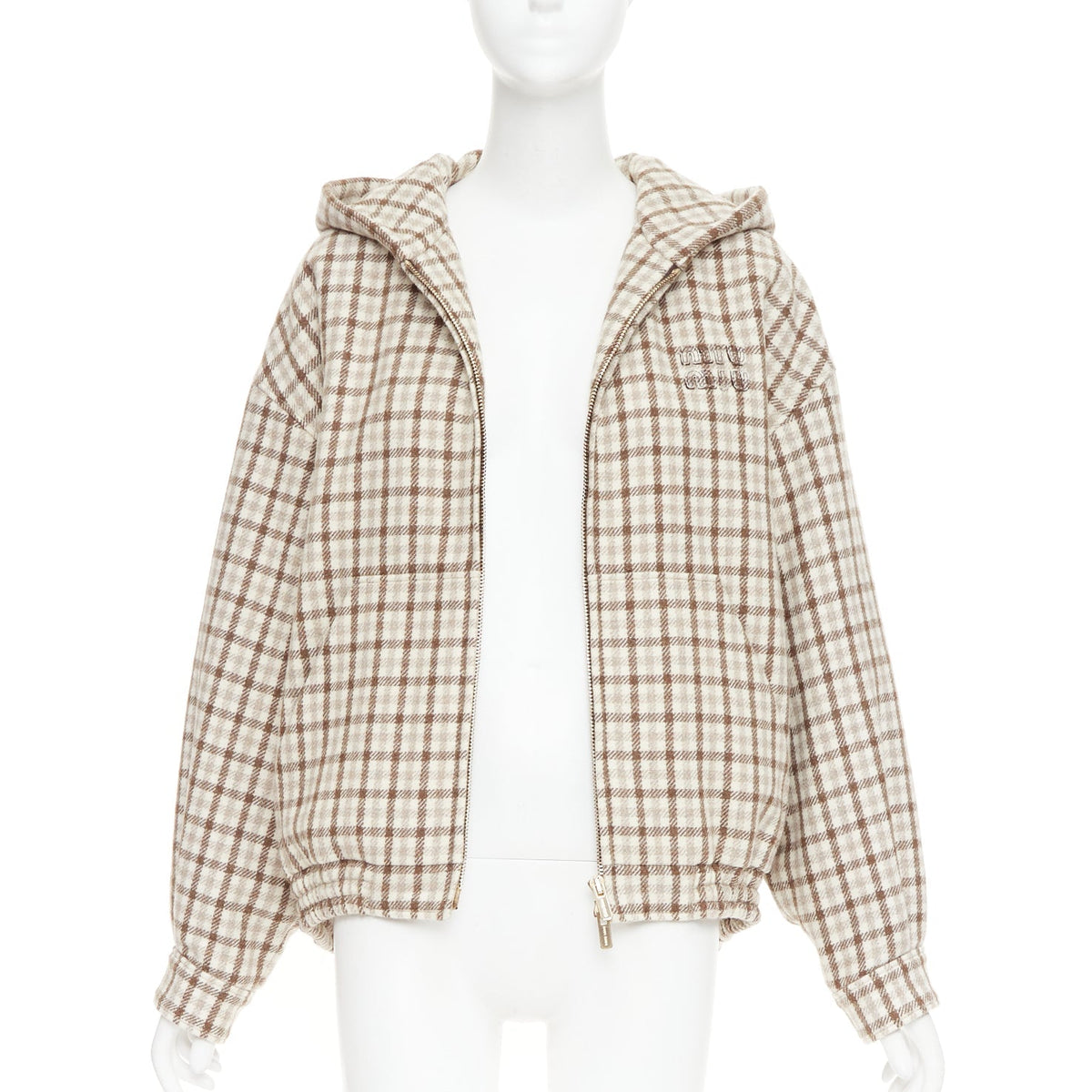 Women's Miu Miu cocoa brown check logo hooded blouson jacket