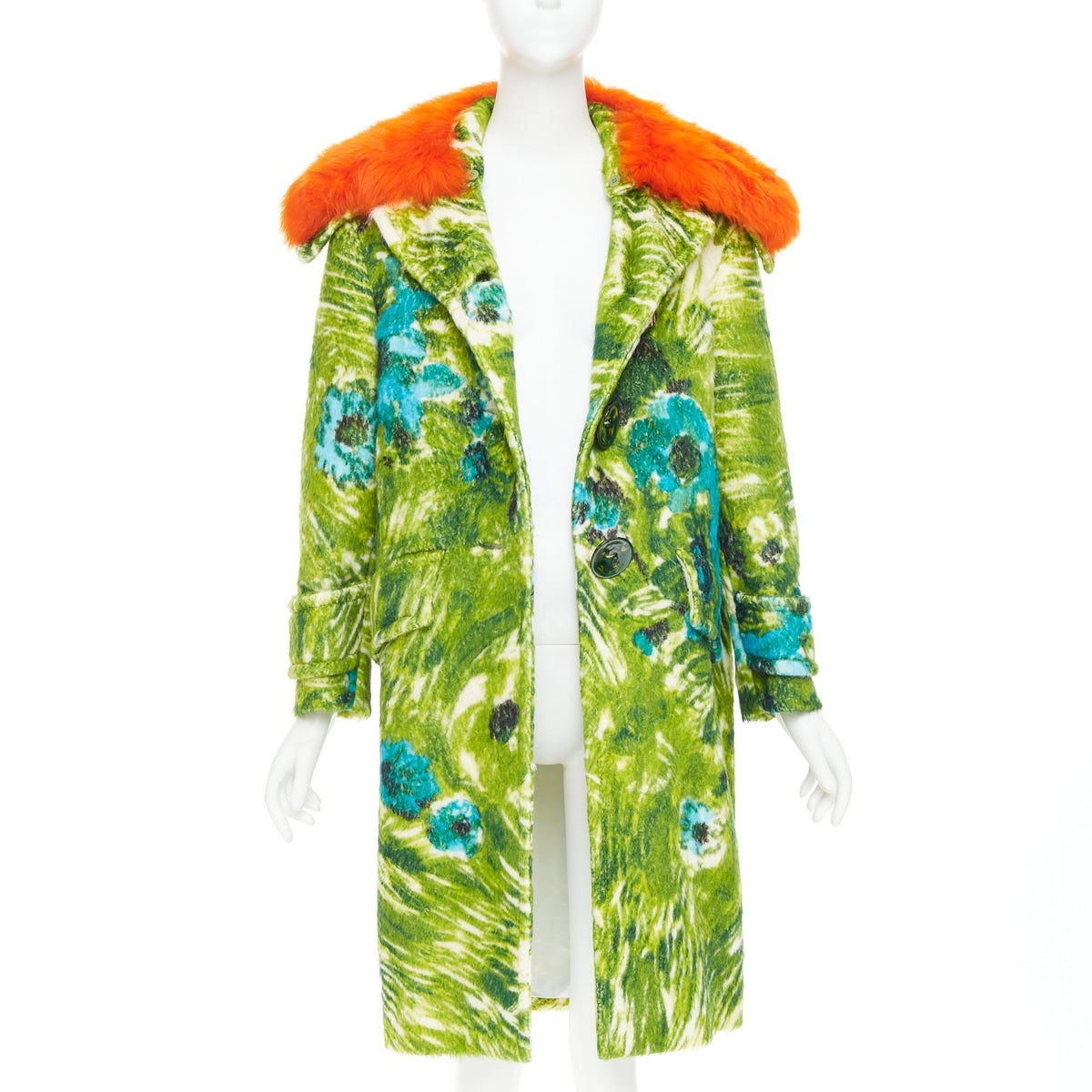 Women's rare PRADA 2017 Runway alpaca wool green floral orange fur collar coat IT40 S