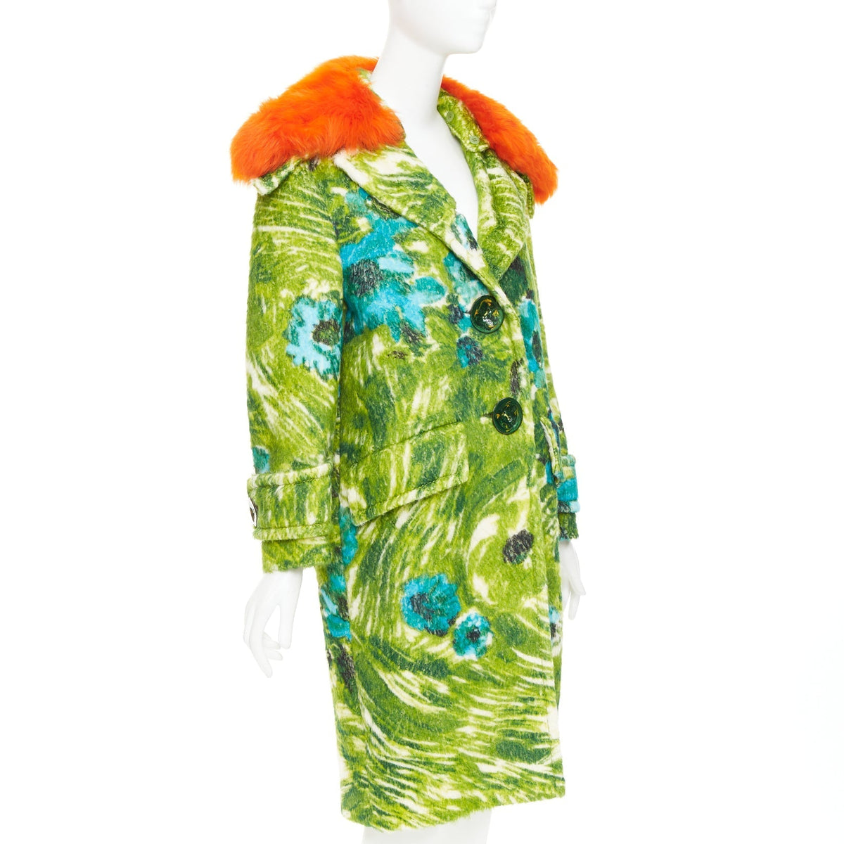 Women's rare PRADA 2017 Runway alpaca wool green floral orange fur collar coat IT40 S