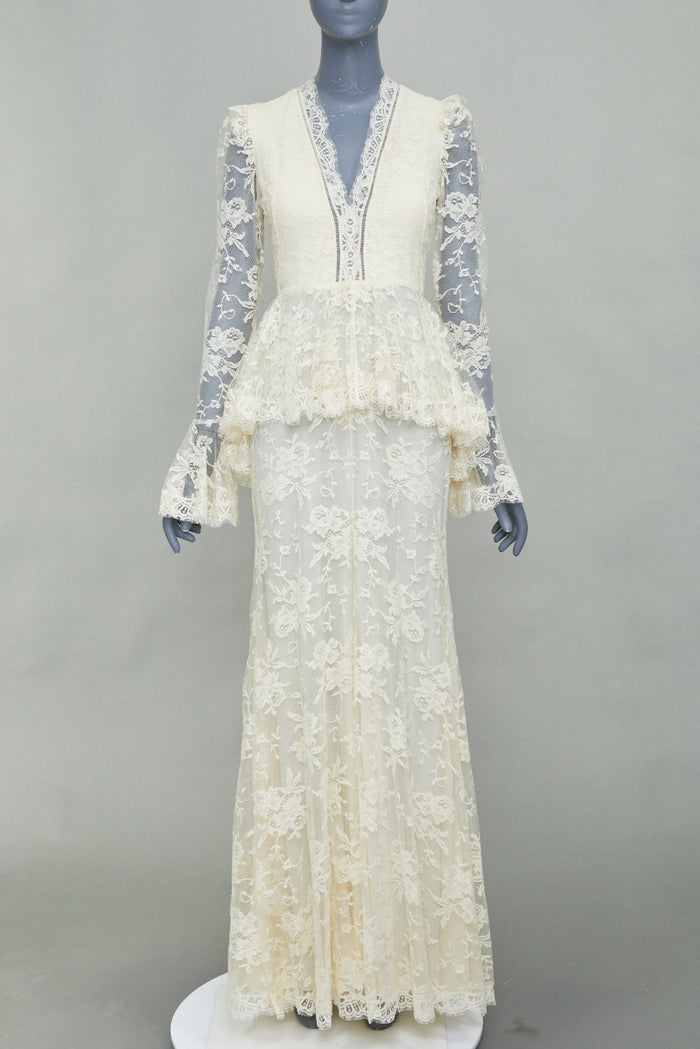 Alexander McQueen Women's Alexander McQueen 2019 Bridal White Floral Lace Peplum Gown