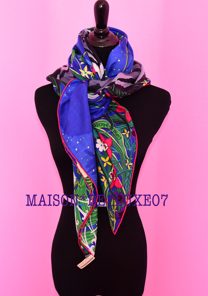 Hermes "Tyger Tyger" Blue Fuchsia Cashmere 140 GM Shawl Scarf