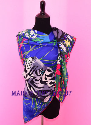 Hermes Hermes Cashmere 140 GM Tyger Tyger Blue Fuchsia Shawl Scarf - view 1