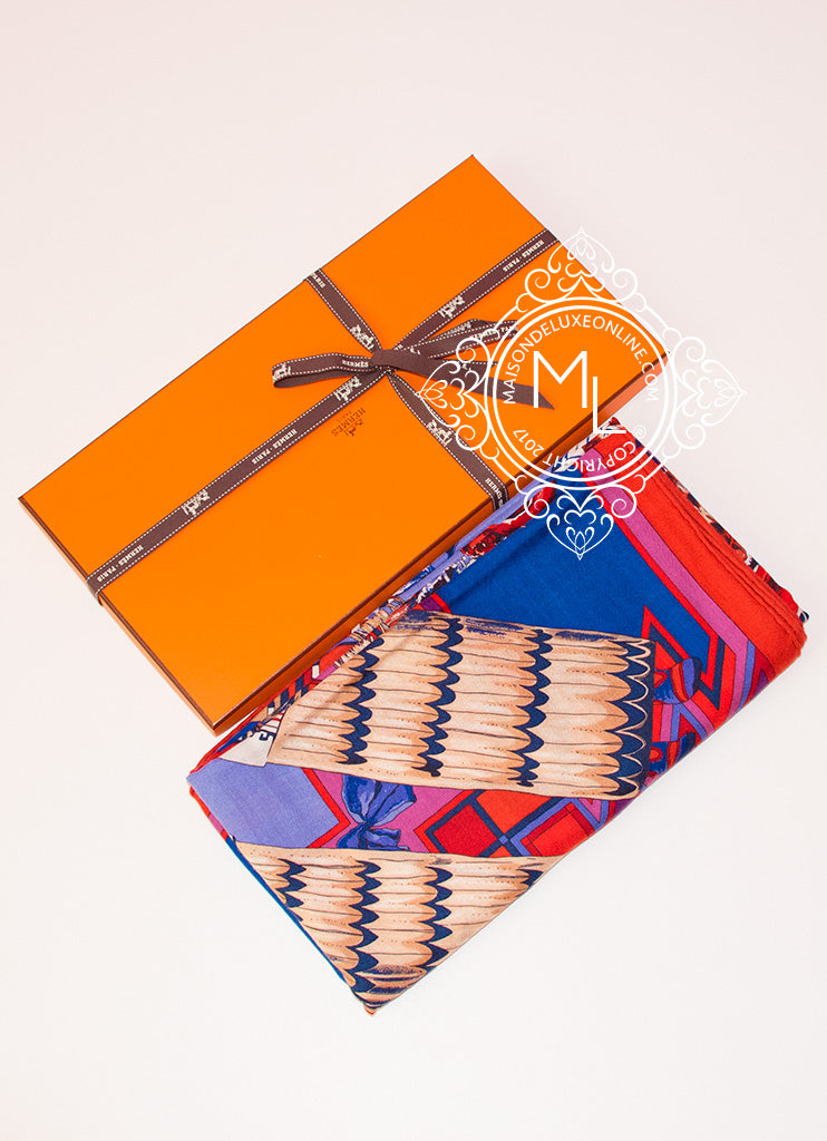 Hermes "Kachinas" Blue Purple Cashmere 140 GM Shawl Scarf