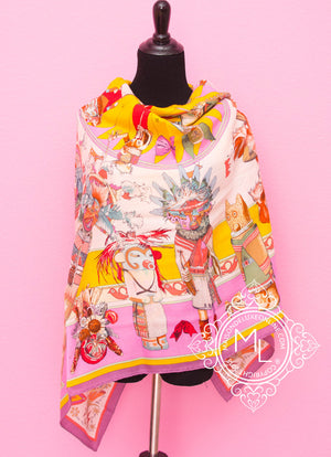 Hermes Hermes "Kachinas" Pink Yellow Cashmere 140 GM Shawl Scarf - view 7