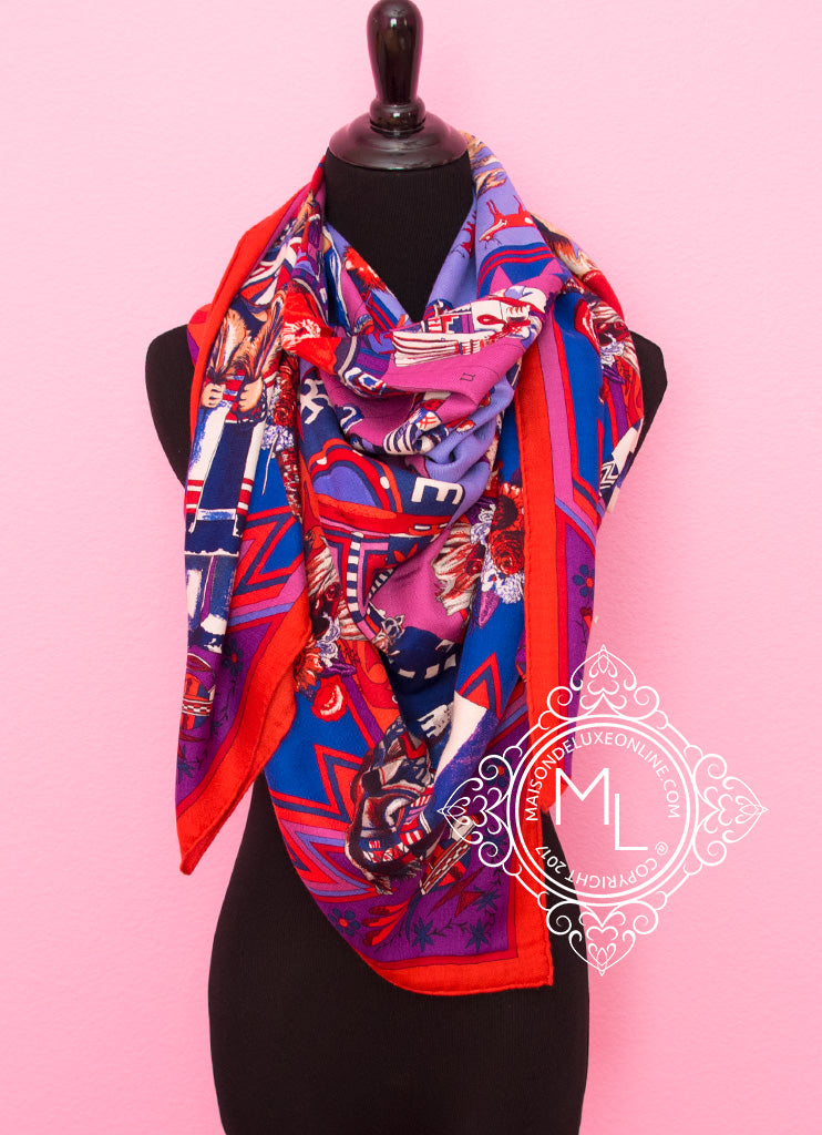 Hermes Hermes "Kachinas" Blue Purple Cashmere 140 GM Shawl Scarf