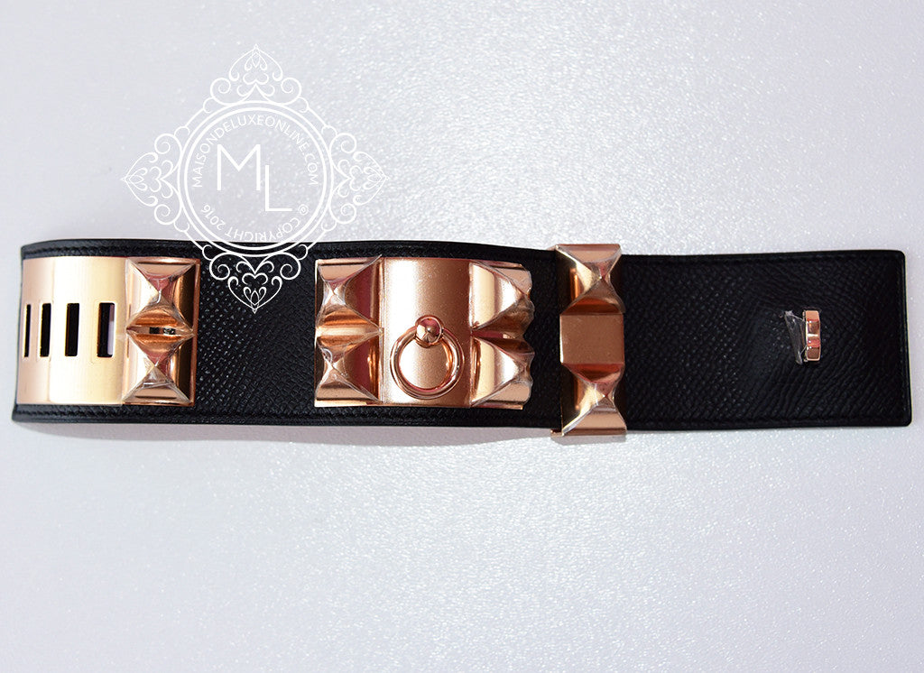 Hermes Noir Black Rose Gold Epsom Collier De Chien Bracelet Cuff S