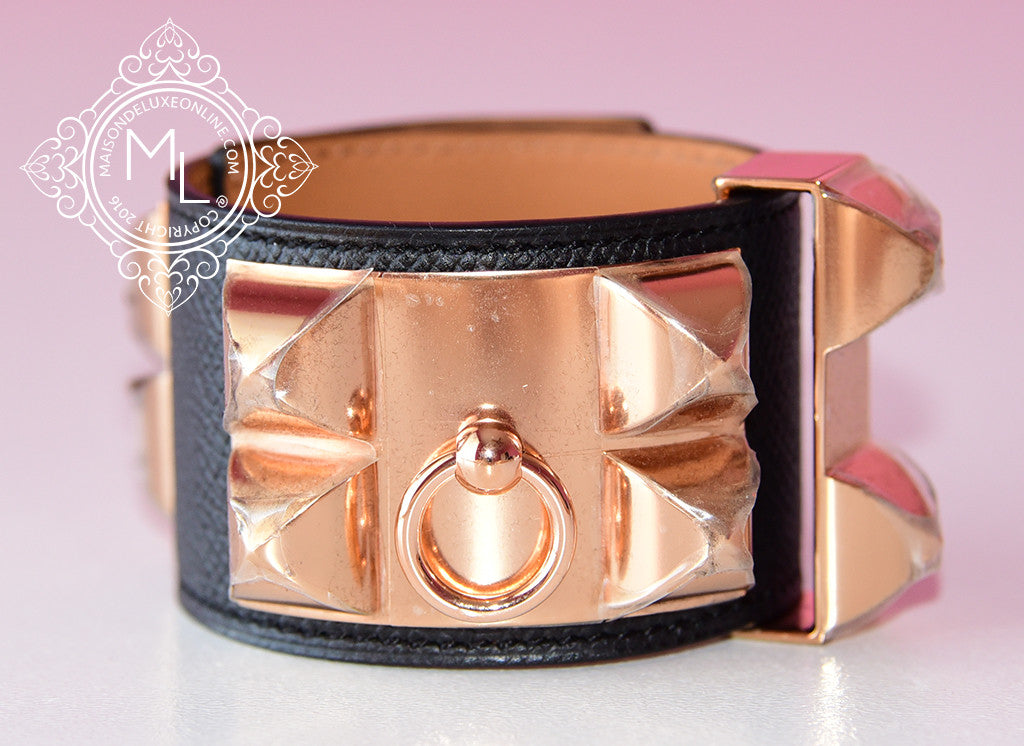 Hermes Noir Black Rose Gold Epsom Collier De Chien Bracelet Cuff S