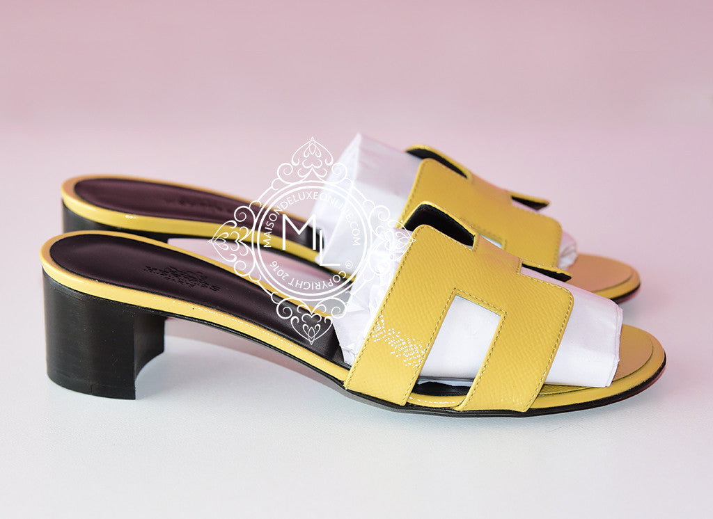 Hermes Womens Jaune Poussi Oasis Patent Sandal Slipper 36.5 Shoes