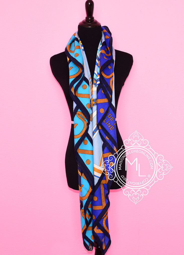 Hermes "Balade en Berline" Blue Cashmere 140 GM Shawl Scarf