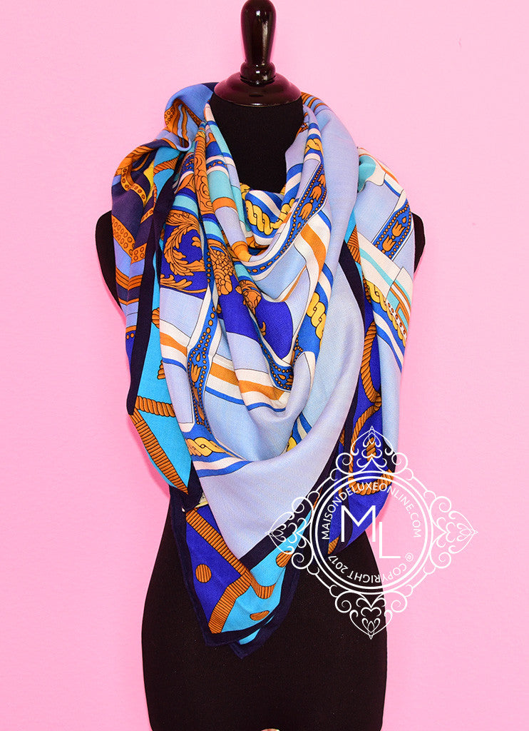 Hermes Hermes "Balade en Berline" Blue Cashmere 140 GM Shawl Scarf