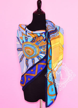 Hermes Hermes "Balade en Berline" Blue Cashmere 140 GM Shawl Scarf - view 9