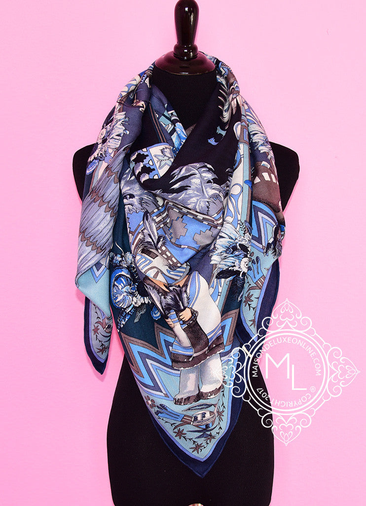 Hermes Hermes "Kachinas" Ciel Marine Cashmere 140 GM Shawl Scarf