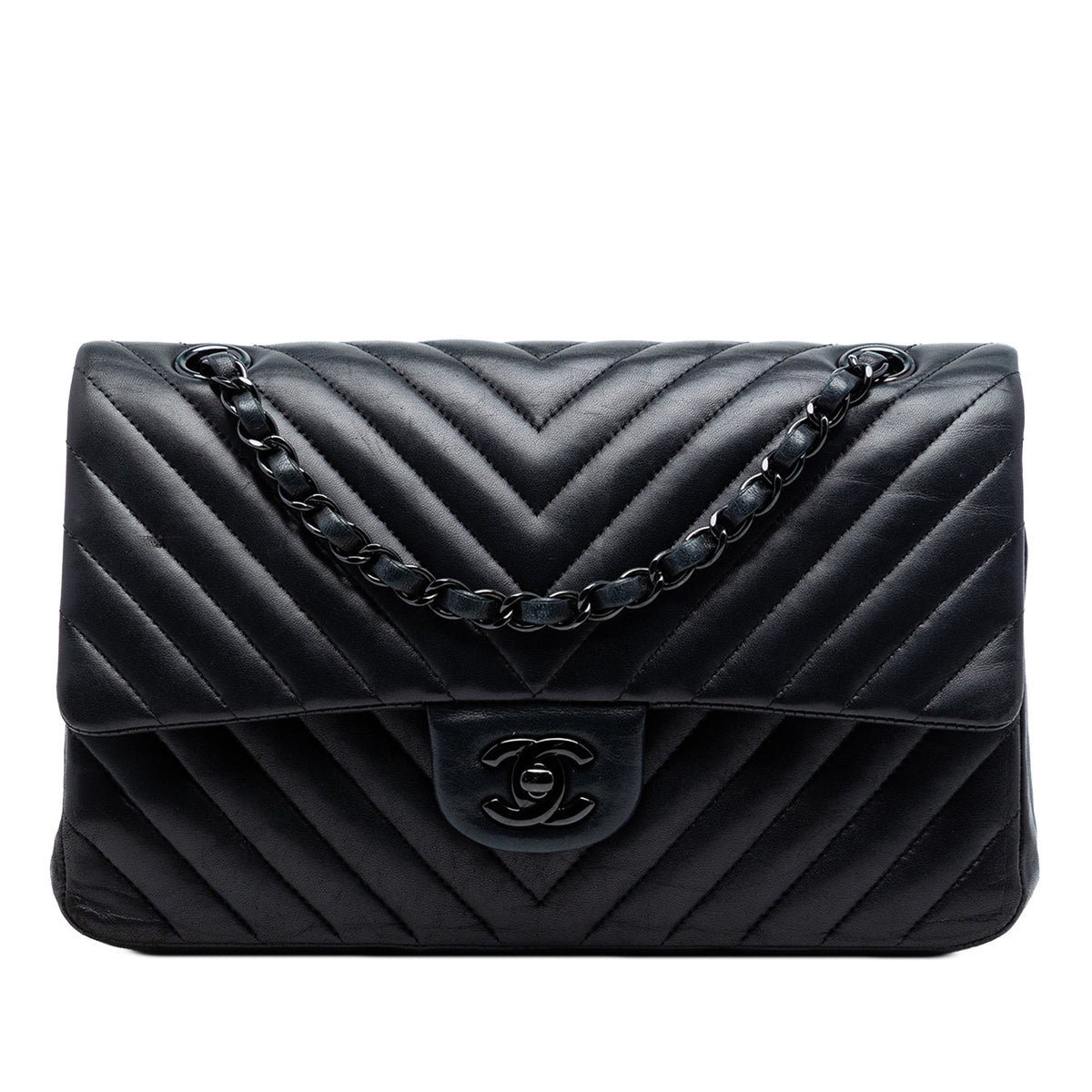 Chanel So Black Classic Double Flap Bag Chevron Lambskin Medium
