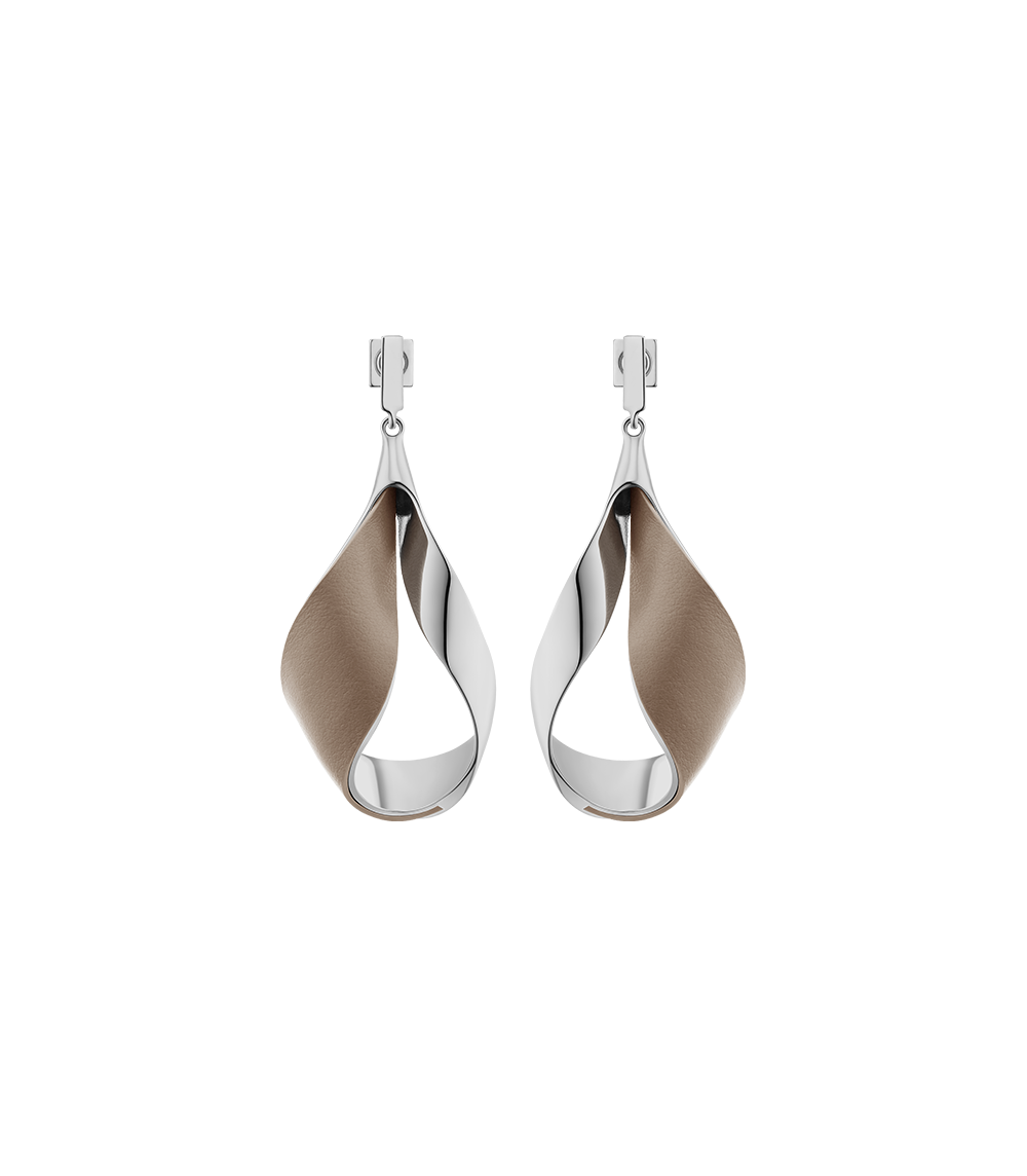Polène Ormé Pendant Earrings - Silver in rhodium with Taupe Leather
