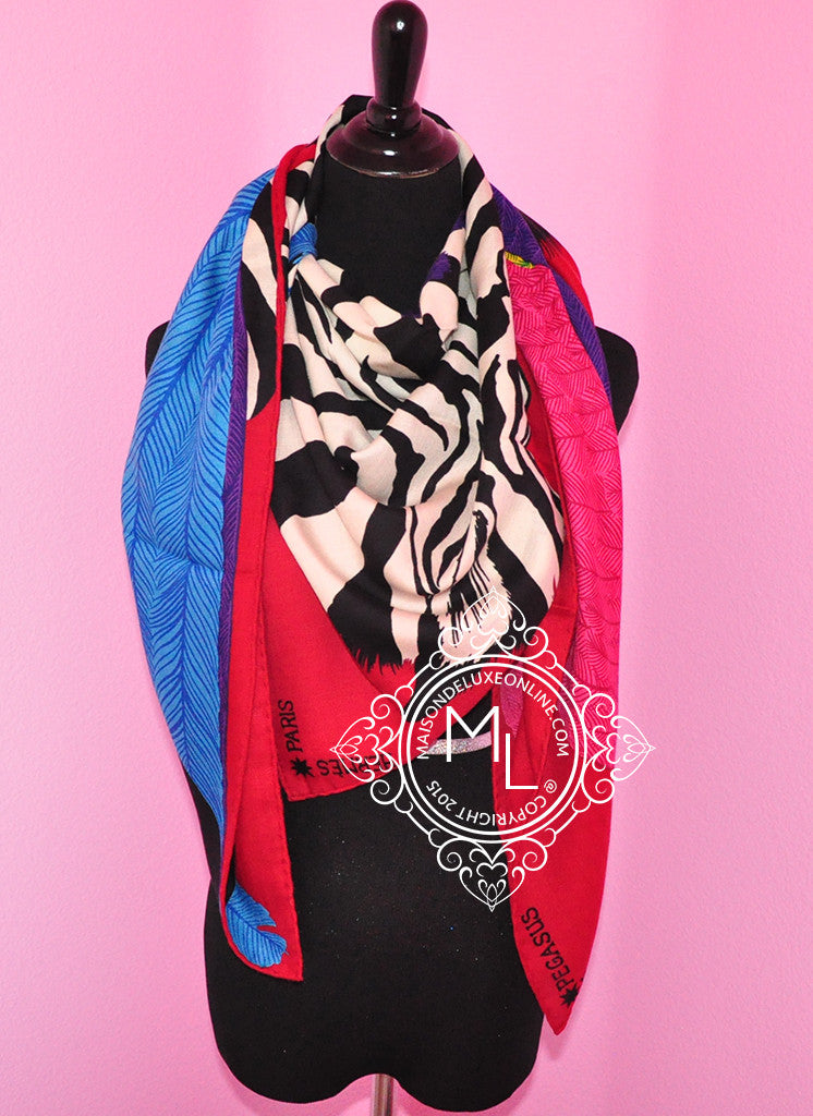 Hermes Hermes "Zebra Pegasus" Pink Blue Cashmere 140 GM Shawl Scarf